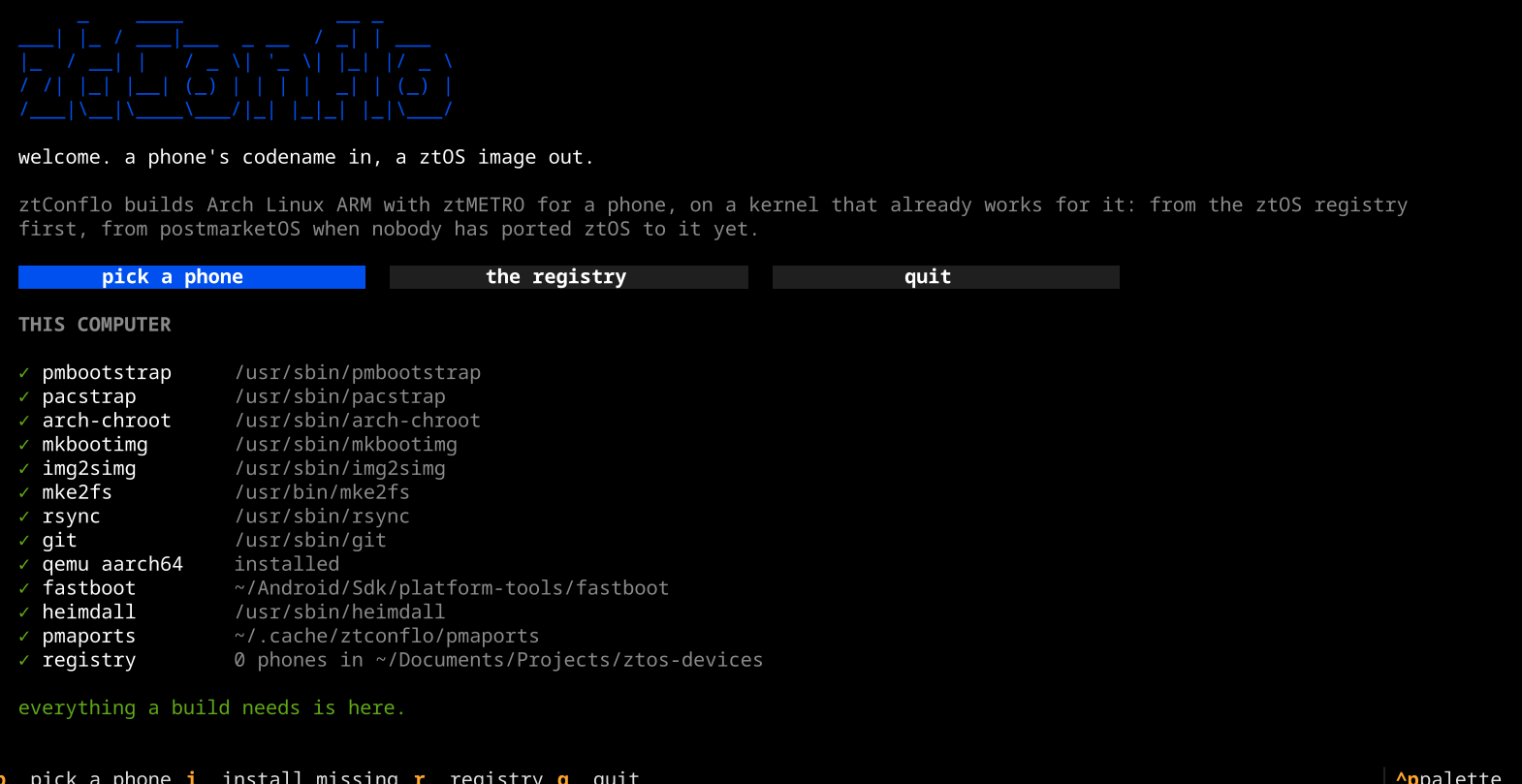 The welcome screen checks the computer for everything a build needs.