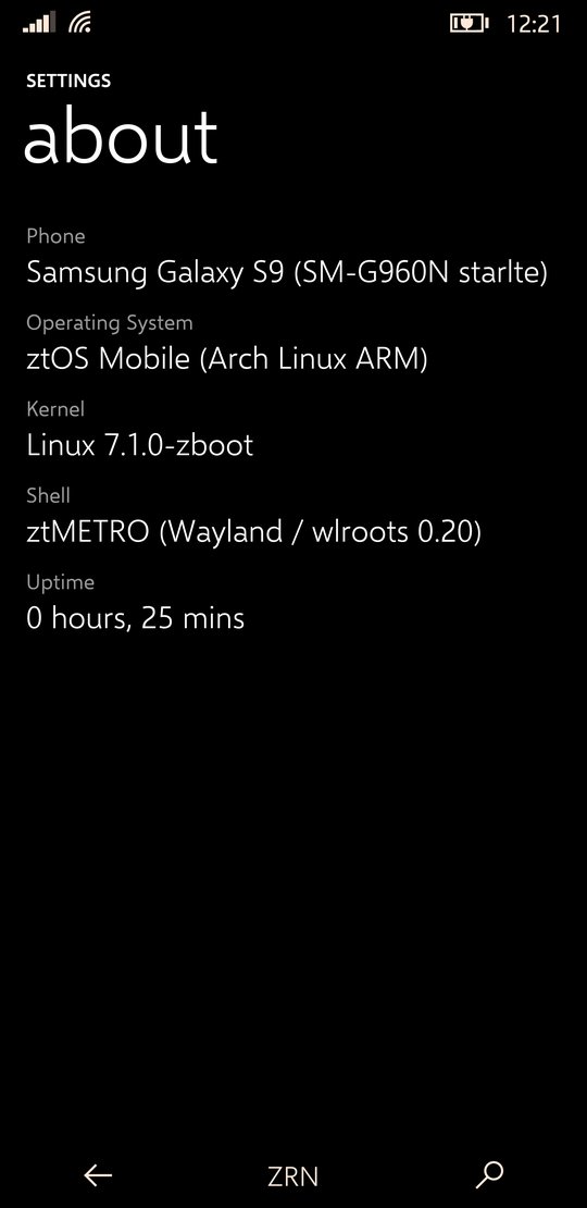 Settings, about: the device and ztOS version